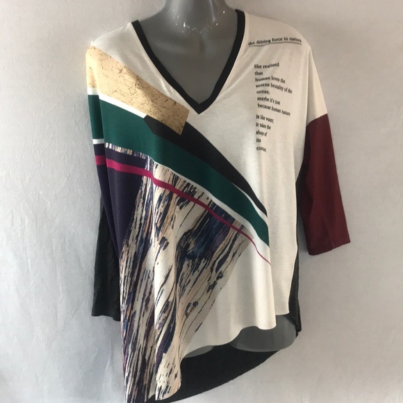 NWOT Zara Jersey Knit Abstract Mixed Media Top | Asymmetrical Hem | 3/4 Sleeve - Picture 1 of 6